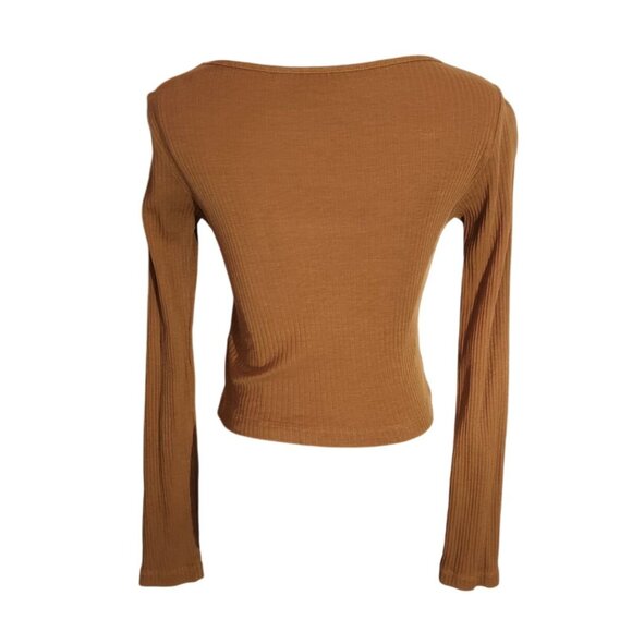Topshop Brown Long-Sleeve Ribbed Knit Crop Top Womens Size 4 - Picture 3 of 14